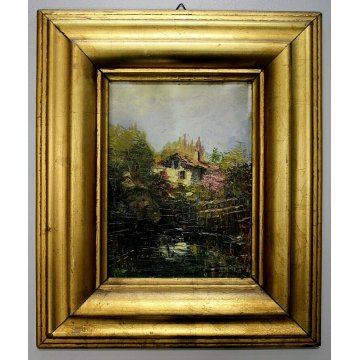 COPPIA ANTICO QUADRO DIPINTO OLIO A.Franzoni PAESAGGIO RURALE BAITA MILANO COMO