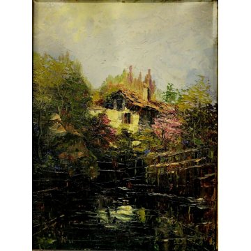 COPPIA ANTICO QUADRO DIPINTO OLIO A.Franzoni PAESAGGIO RURALE BAITA MILANO COMO