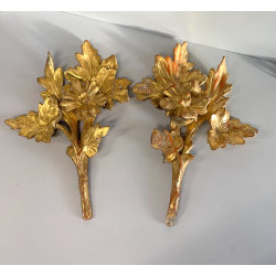 ANTICA COPPIA FREGI LEGNO DECORO FLOREALE FOGLIA ORO RAMAGE EPOCA 1800 H 31 CM
