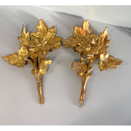ANTICA COPPIA FREGI LEGNO DECORO FLOREALE FOGLIA ORO RAMAGE EPOCA 1800 H 31 CM