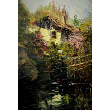 COPPIA ANTICO QUADRO DIPINTO OLIO A.Franzoni PAESAGGIO RURALE BAITA MILANO COMO