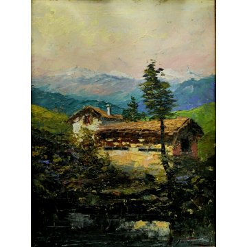 COPPIA ANTICO QUADRO DIPINTO OLIO A.Franzoni PAESAGGIO RURALE BAITA MILANO COMO