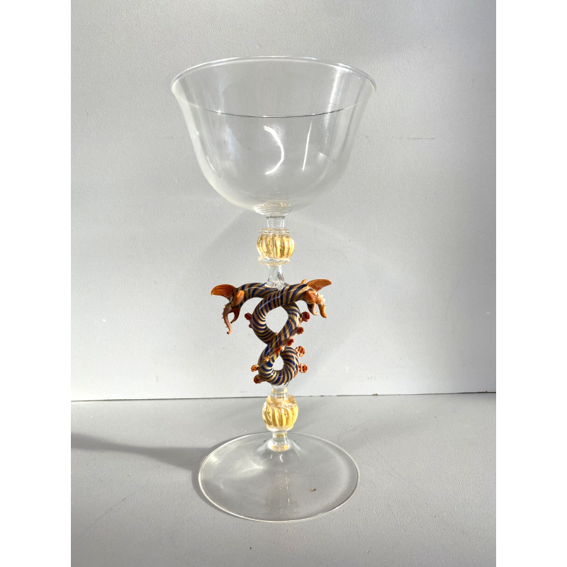 CALICE TIPETTO VENEZIANO LAVORATO DECORO DRAGHI SFERE AVVENTURINA ORO META' '900