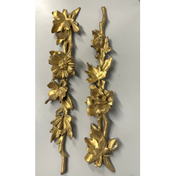ANTICA COPPIA FREGI LEGNO DECORO FLOREALE FOGLIA ORO RAMAGE EPOCA 1800 H 54 CM