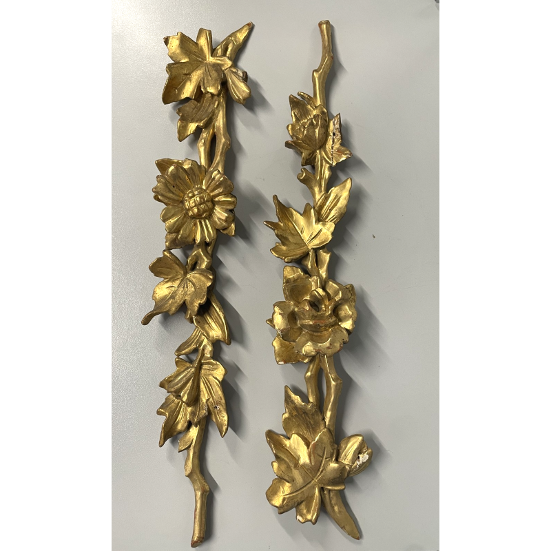 ANTICA COPPIA FREGI LEGNO DECORO FLOREALE FOGLIA ORO RAMAGE EPOCA 1800 H 54 CM