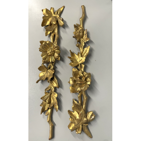 ANTICA COPPIA FREGI LEGNO DECORO FLOREALE FOGLIA ORO RAMAGE EPOCA 1800 H 54 CM