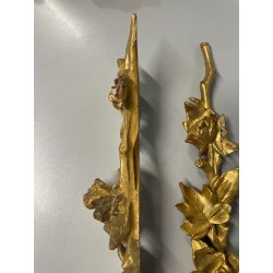 ANTICA COPPIA FREGI LEGNO DECORO FLOREALE FOGLIA ORO RAMAGE EPOCA 1800 H 54 CM