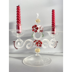 CANDELIERE VENEZIANO DUE FIAMME VETRO MURANO CENTROTAVOLA FIORI ROSSO RUBINO '50