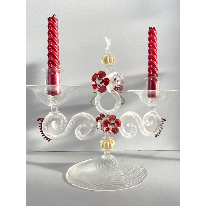 CANDELIERE VENEZIANO DUE FIAMME VETRO MURANO CENTROTAVOLA FIORI ROSSO RUBINO '50