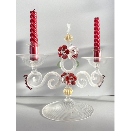 CANDELIERE VENEZIANO DUE FIAMME VETRO MURANO CENTROTAVOLA FIORI ROSSO RUBINO '50