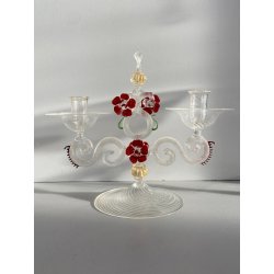 CANDELIERE VENEZIANO DUE FIAMME VETRO MURANO CENTROTAVOLA FIORI ROSSO RUBINO '50