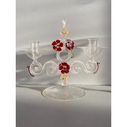 CANDELIERE VENEZIANO DUE FIAMME VETRO MURANO CENTROTAVOLA FIORI ROSSO RUBINO '50