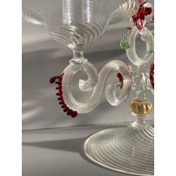 CANDELIERE VENEZIANO DUE FIAMME VETRO MURANO CENTROTAVOLA FIORI ROSSO RUBINO '50