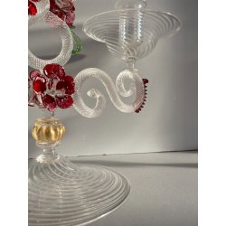 CANDELIERE VENEZIANO DUE FIAMME VETRO MURANO CENTROTAVOLA FIORI ROSSO RUBINO '50