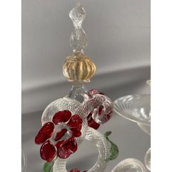 CANDELIERE VENEZIANO DUE FIAMME VETRO MURANO CENTROTAVOLA FIORI ROSSO RUBINO '50