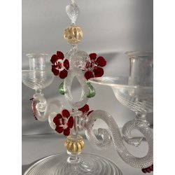 CANDELIERE VENEZIANO DUE FIAMME VETRO MURANO CENTROTAVOLA FIORI ROSSO RUBINO '50