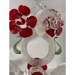 CANDELIERE VENEZIANO DUE FIAMME VETRO MURANO CENTROTAVOLA FIORI ROSSO RUBINO '50