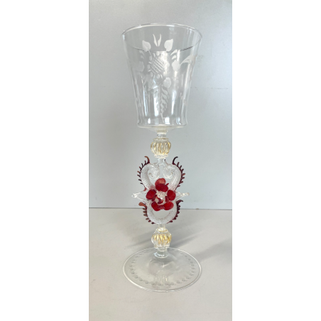 CALICE TIPETTO VETRO MURANO VENEZIANO DECORO ROSE ROSSE DRAGHI SFERE META '900