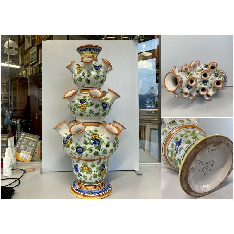 VASO CERAMICA Deruta TULIPANIERA 18 BOCCHE BULBI  DECORO FIORI ø 26x 48cm/h '900