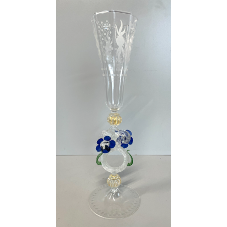 CALICE TIPETTO VETRO MURANO VENEZIANO DECORO ROSE BLU DRAGHI SFERE ORO META '900