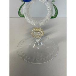 CALICE TIPETTO VETRO MURANO VENEZIANO DECORO ROSE BLU DRAGHI SFERE ORO META '900