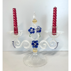 CANDELIERE VENEZIANO DUE FIAMME VETRO MURANO CENTROTAVOLA FIORI BLU CANDELE '50