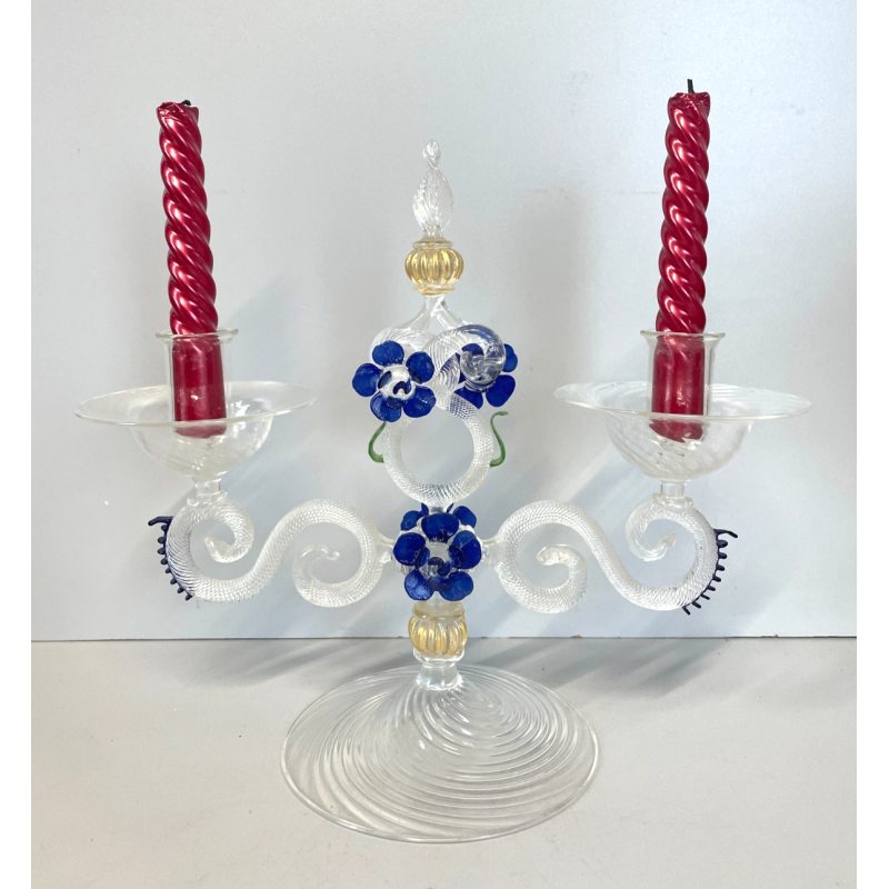 CANDELIERE VENEZIANO DUE FIAMME VETRO MURANO CENTROTAVOLA FIORI BLU CANDELE '50