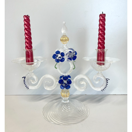 CANDELIERE VENEZIANO DUE FIAMME VETRO MURANO CENTROTAVOLA FIORI BLU CANDELE '50