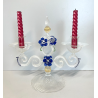 CANDELIERE VENEZIANO DUE FIAMME VETRO MURANO CENTROTAVOLA FIORI BLU CANDELE '50