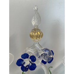 CANDELIERE VENEZIANO DUE FIAMME VETRO MURANO CENTROTAVOLA FIORI BLU CANDELE '50