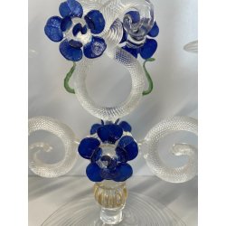 CANDELIERE VENEZIANO DUE FIAMME VETRO MURANO CENTROTAVOLA FIORI BLU CANDELE '50