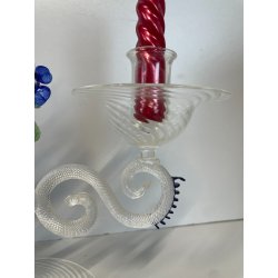 CANDELIERE VENEZIANO DUE FIAMME VETRO MURANO CENTROTAVOLA FIORI BLU CANDELE '50