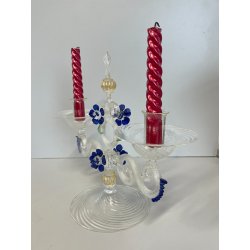 CANDELIERE VENEZIANO DUE FIAMME VETRO MURANO CENTROTAVOLA FIORI BLU CANDELE '50