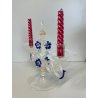 CANDELIERE VENEZIANO DUE FIAMME VETRO MURANO CENTROTAVOLA FIORI BLU CANDELE '50