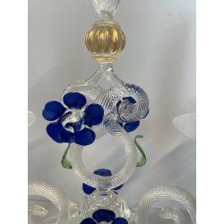 CANDELIERE VENEZIANO DUE FIAMME VETRO MURANO CENTROTAVOLA FIORI BLU CANDELE '50