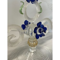 CANDELIERE VENEZIANO DUE FIAMME VETRO MURANO CENTROTAVOLA FIORI BLU CANDELE '50