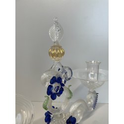 CANDELIERE VENEZIANO DUE FIAMME VETRO MURANO CENTROTAVOLA FIORI BLU CANDELE '50