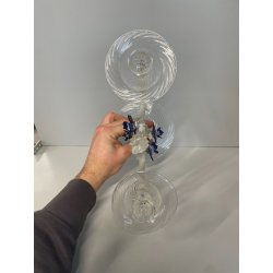 CANDELIERE VENEZIANO DUE FIAMME VETRO MURANO CENTROTAVOLA FIORI BLU CANDELE '50