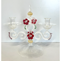 CANDELIERE VENEZIANO DUE FIAMME VETRO MURANO CENTROTAVOLA FIORI ROSSI ROSE '50