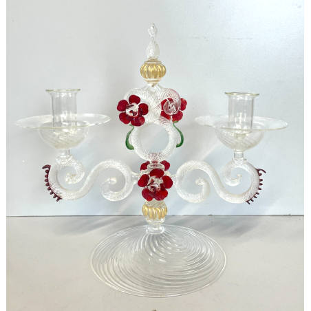 CANDELIERE VENEZIANO DUE FIAMME VETRO MURANO CENTROTAVOLA FIORI ROSSI ROSE '50
