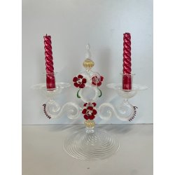 CANDELIERE VENEZIANO DUE FIAMME VETRO MURANO CENTROTAVOLA FIORI ROSSI ROSE '50