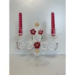 CANDELIERE VENEZIANO DUE FIAMME VETRO MURANO CENTROTAVOLA FIORI ROSSI ROSE '50