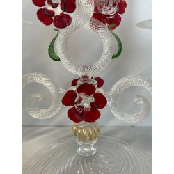 CANDELIERE VENEZIANO DUE FIAMME VETRO MURANO CENTROTAVOLA FIORI ROSSI ROSE '50