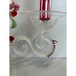 CANDELIERE VENEZIANO DUE FIAMME VETRO MURANO CENTROTAVOLA FIORI ROSSI ROSE '50