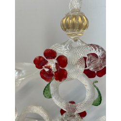 CANDELIERE VENEZIANO DUE FIAMME VETRO MURANO CENTROTAVOLA FIORI ROSSI ROSE '50
