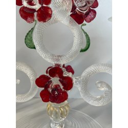 CANDELIERE VENEZIANO DUE FIAMME VETRO MURANO CENTROTAVOLA FIORI ROSSI ROSE '50
