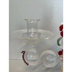 CANDELIERE VENEZIANO DUE FIAMME VETRO MURANO CENTROTAVOLA FIORI ROSSI ROSE '50
