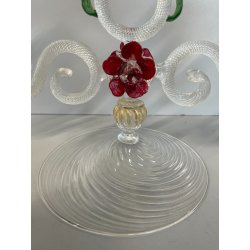 CANDELIERE VENEZIANO DUE FIAMME VETRO MURANO CENTROTAVOLA FIORI ROSSI ROSE '50