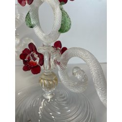 CANDELIERE VENEZIANO DUE FIAMME VETRO MURANO CENTROTAVOLA FIORI ROSSI ROSE '50