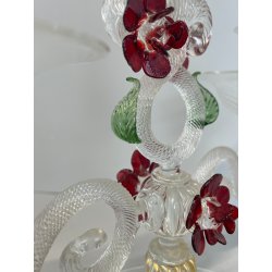 CANDELIERE VENEZIANO DUE FIAMME VETRO MURANO CENTROTAVOLA FIORI ROSSI ROSE '50
